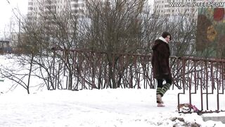 Lena - Barefoot city walk in snow (sfw)